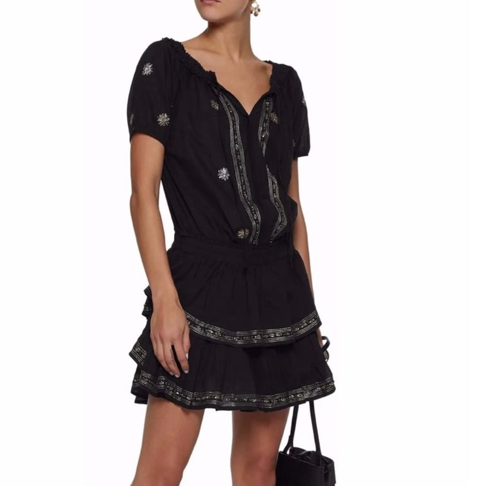 LoveShackFancy Black Gold Embroidered Short Sleeve Mini‎ Dress Size Small